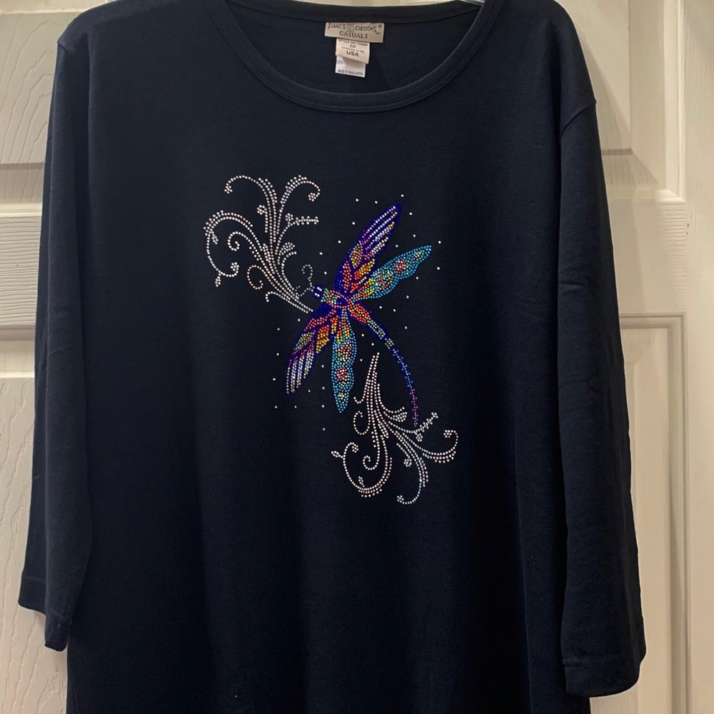New shirt dragonfly rhinestones multicolor 3/4 sleeve black shirt